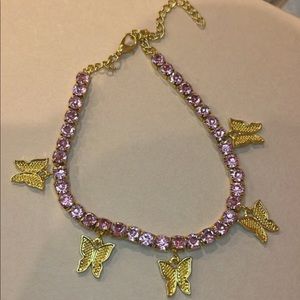 butterfly necklace gold + pink rime stones. 🦋💗✨